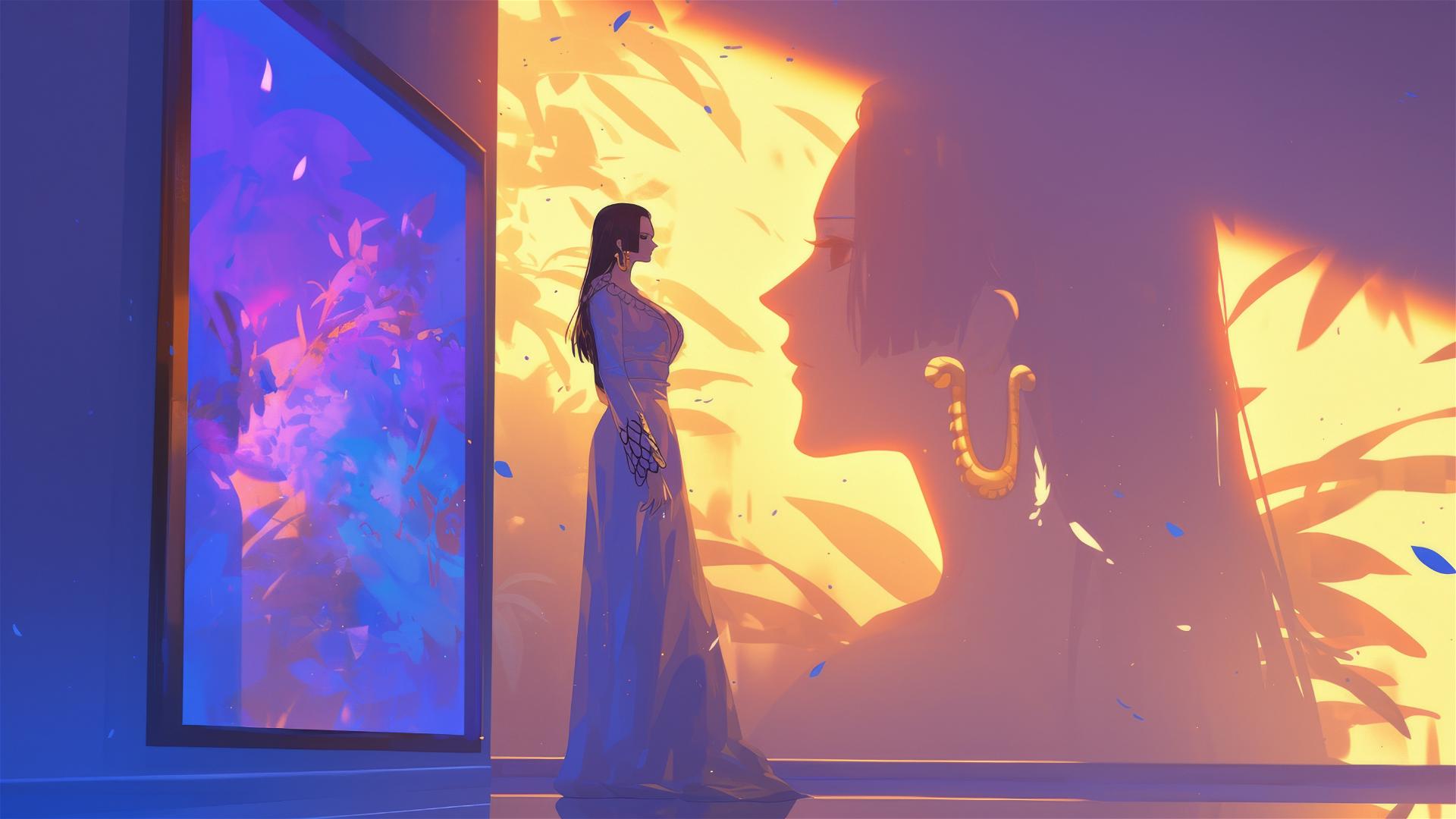 Boa Hancock from One Piece wandering through an art gallery under soft lights