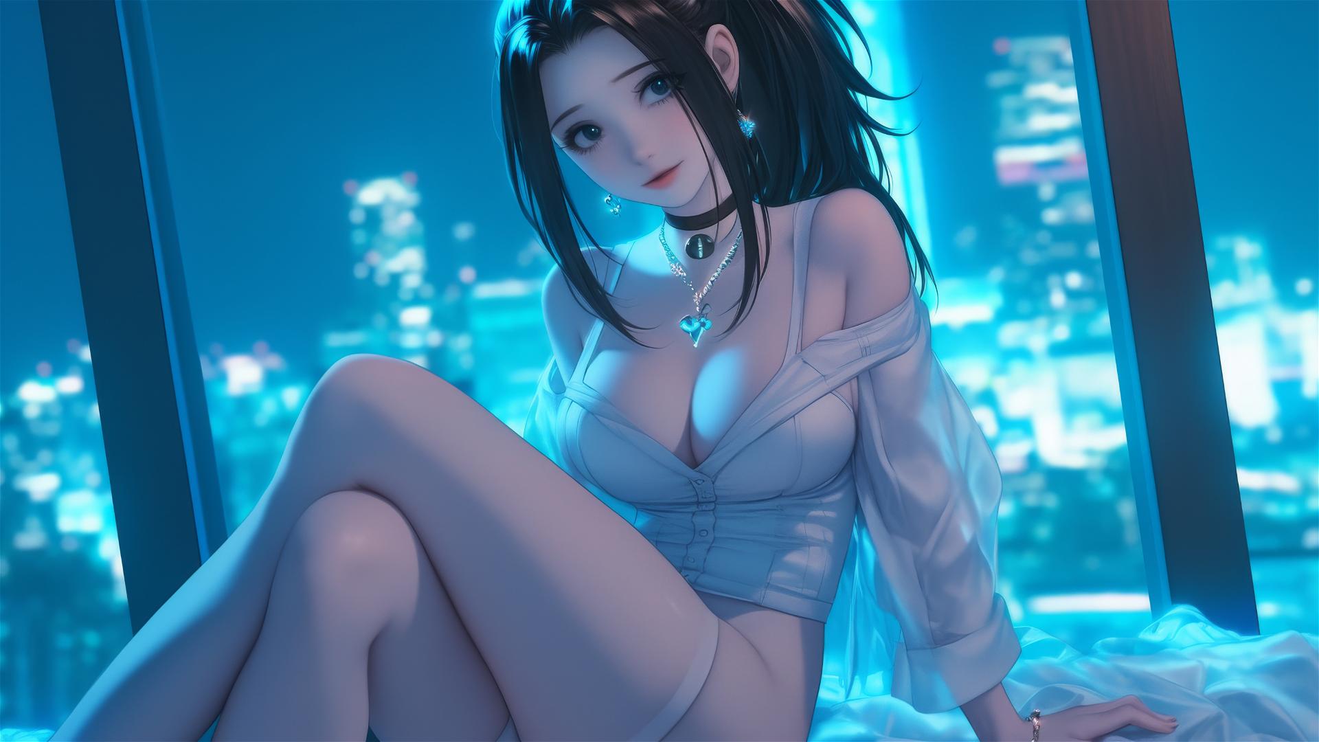 Papel de Parede 4K HD: Momo Yaoyorozu em Quarto de Hotel com Iluminação Neon