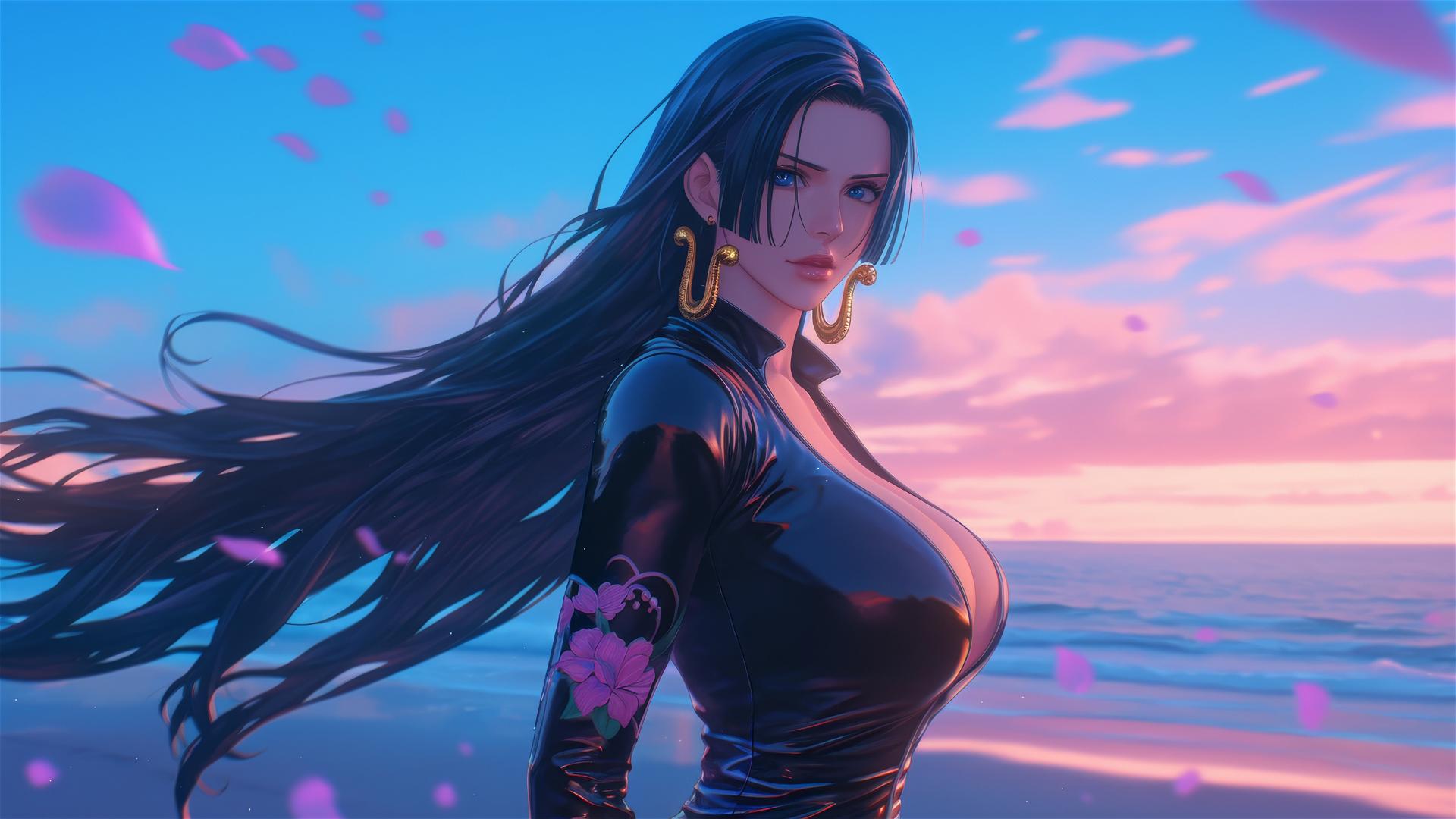 Fondo de Pantalla 4K HD: Boa Hancock en la playa al atardecer, estilo anime