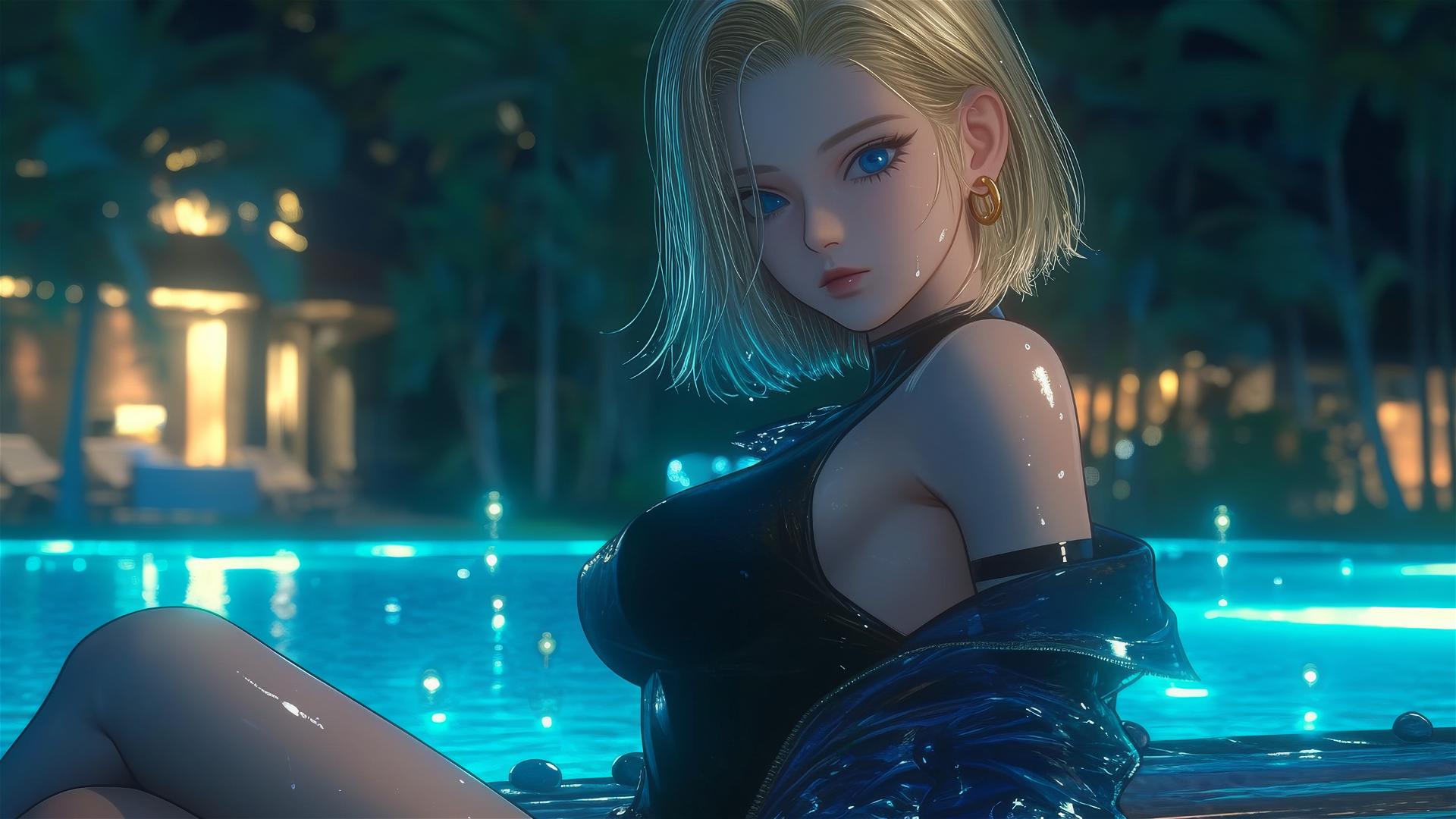 4k HD Wallpaper: Android 18 Resting by Rainy Pool