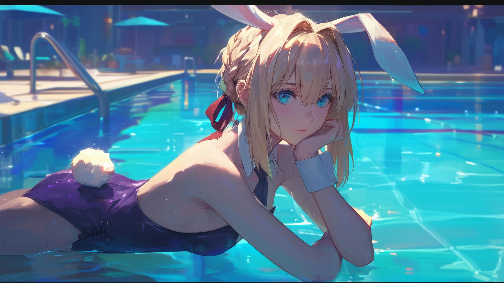 4k HD Wallpaper: Moonlit Poolside Rest with Violet Evergarden