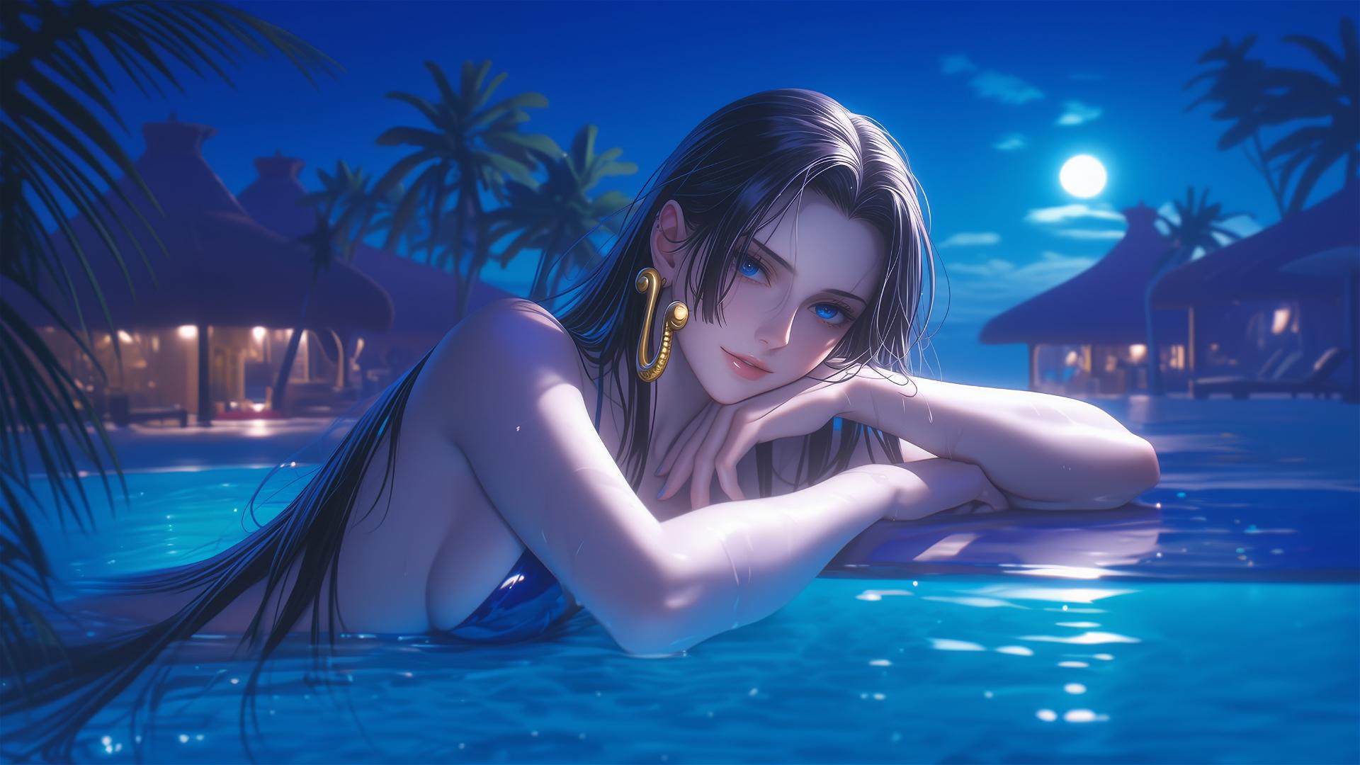 4k HD Wallpaper: Boa Hancock by the Pool under Moonlight