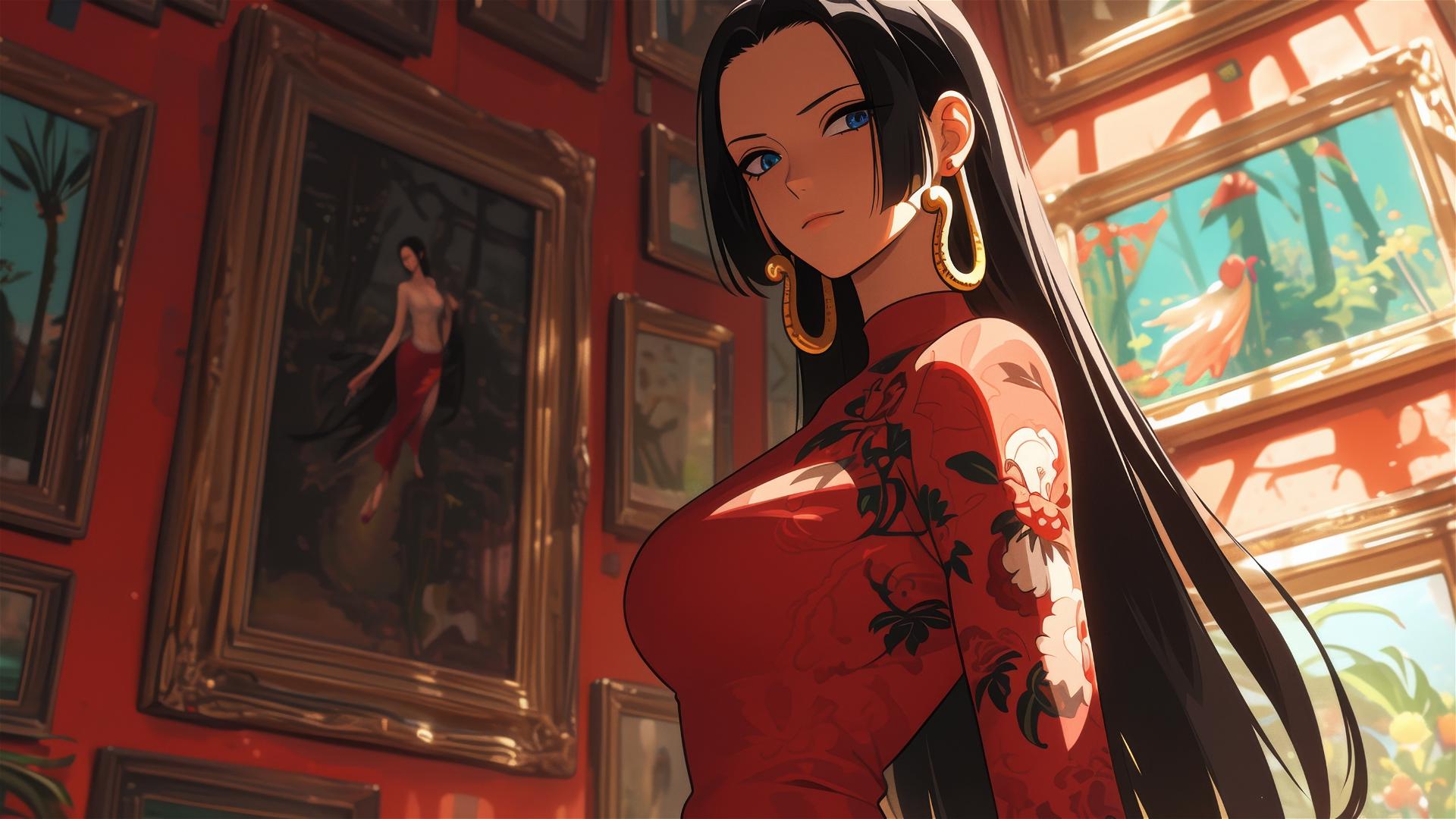 Boa Hancock from One Piece wandering through an art gallery under soft lighting
