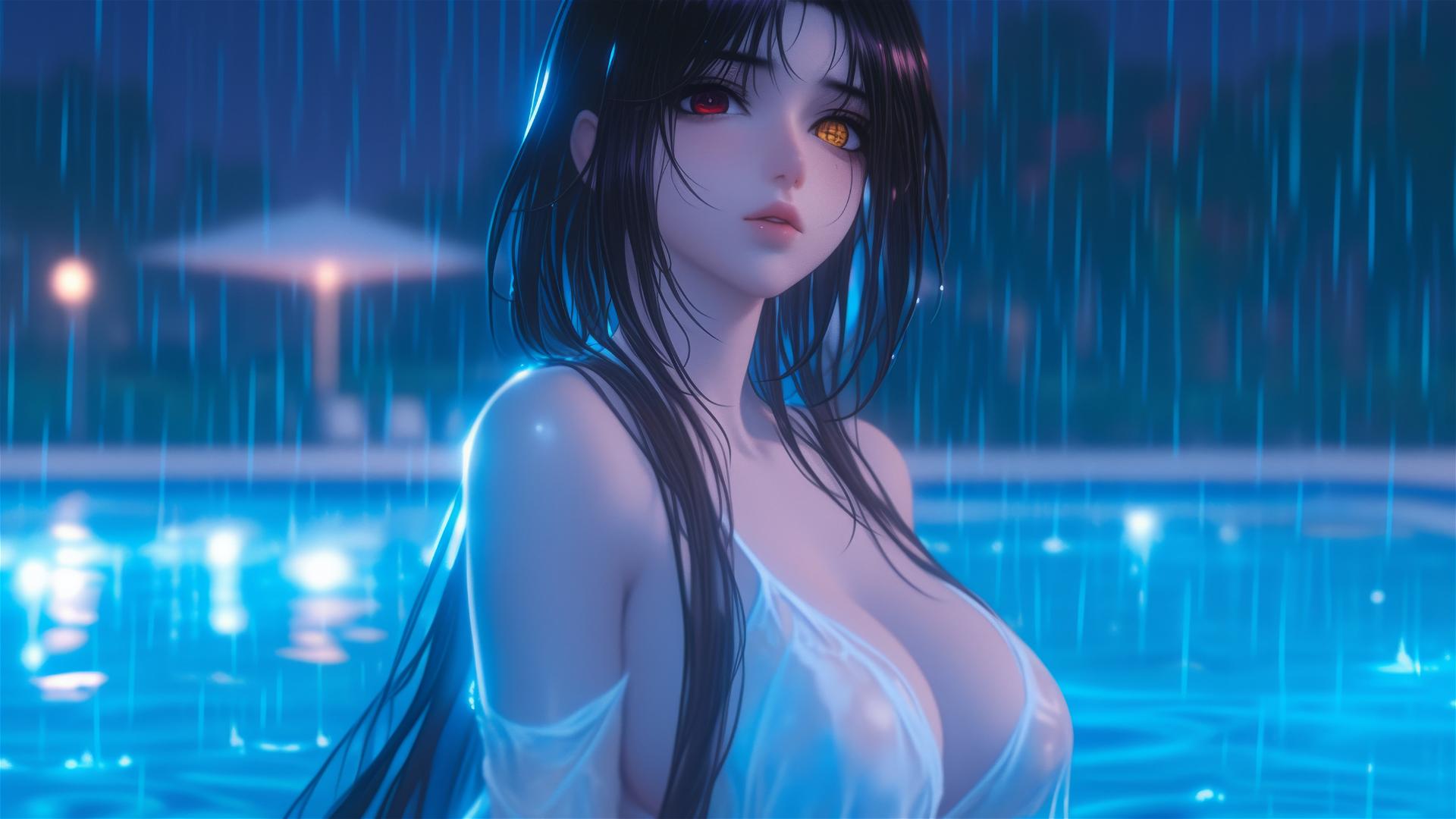 4k HD Wallpaper: Kurumi Tokisaki in Moonlit Rainy Pool