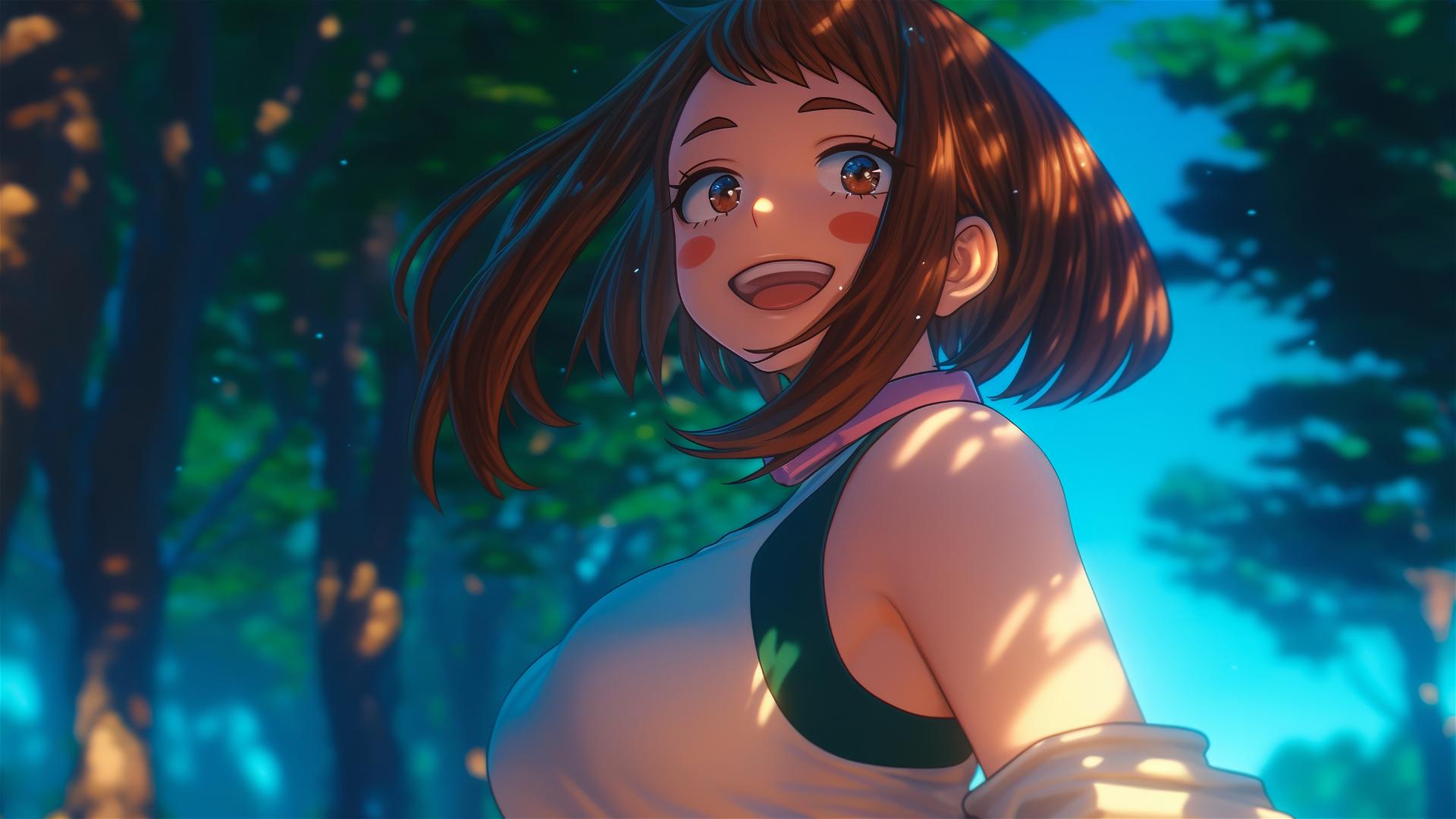 4k HD Wallpaper: Ochaco Uraraka Running at Sunrise in Modern Park