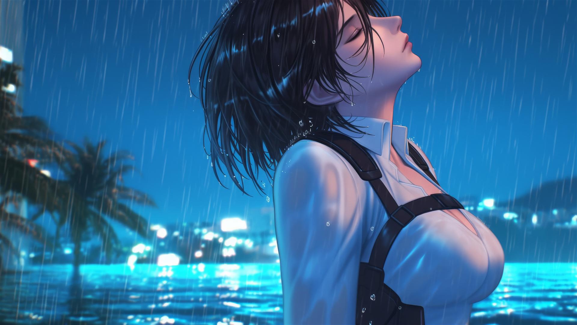 Fondo de Pantalla 4K HD: Mikasa Ackerman bajo la luz de la luna y la lluvia