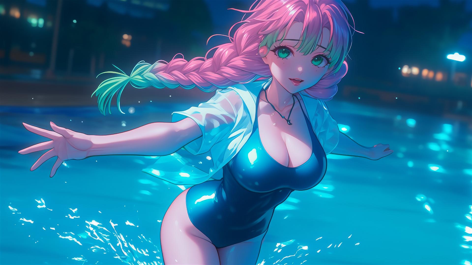 4k HD Wallpaper: Moonlit Dive: Mitsuri Kanroji with Pink and Green Hair