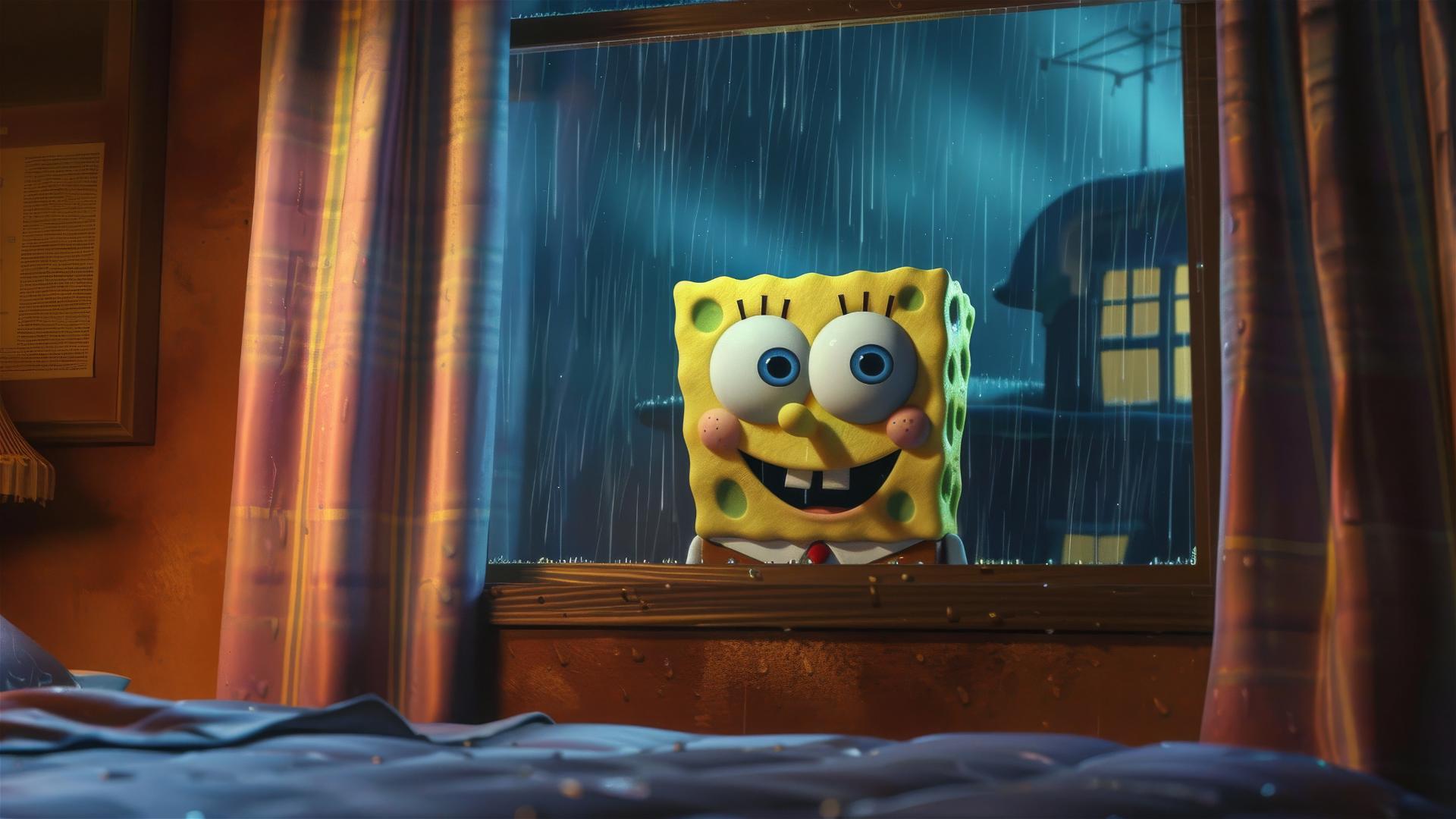 Fondo de Pantalla 4K HD: Bob Esponja Observando a Través de una Ventana  Lluviosa