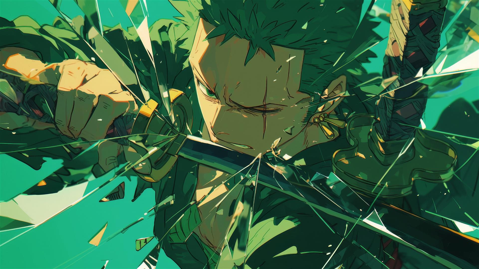 4k HD Wallpaper: Roronoa Zoro's Dynamic Shattered Glass Encounter