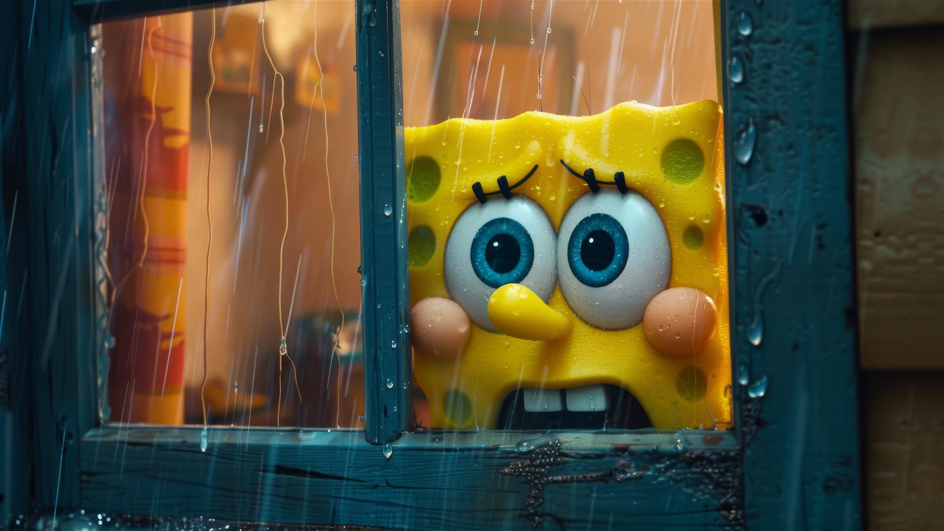 Fondo de Pantalla 4K HD: Bob Esponja Observando a Través de una Ventana  Lluviosa