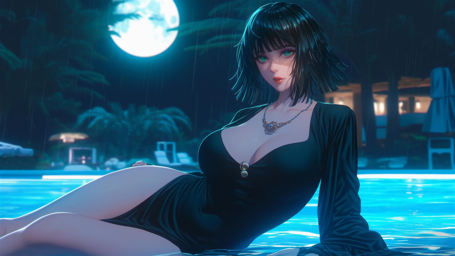 4k HD Wallpaper: Fubuki Resting at Rainy Pool