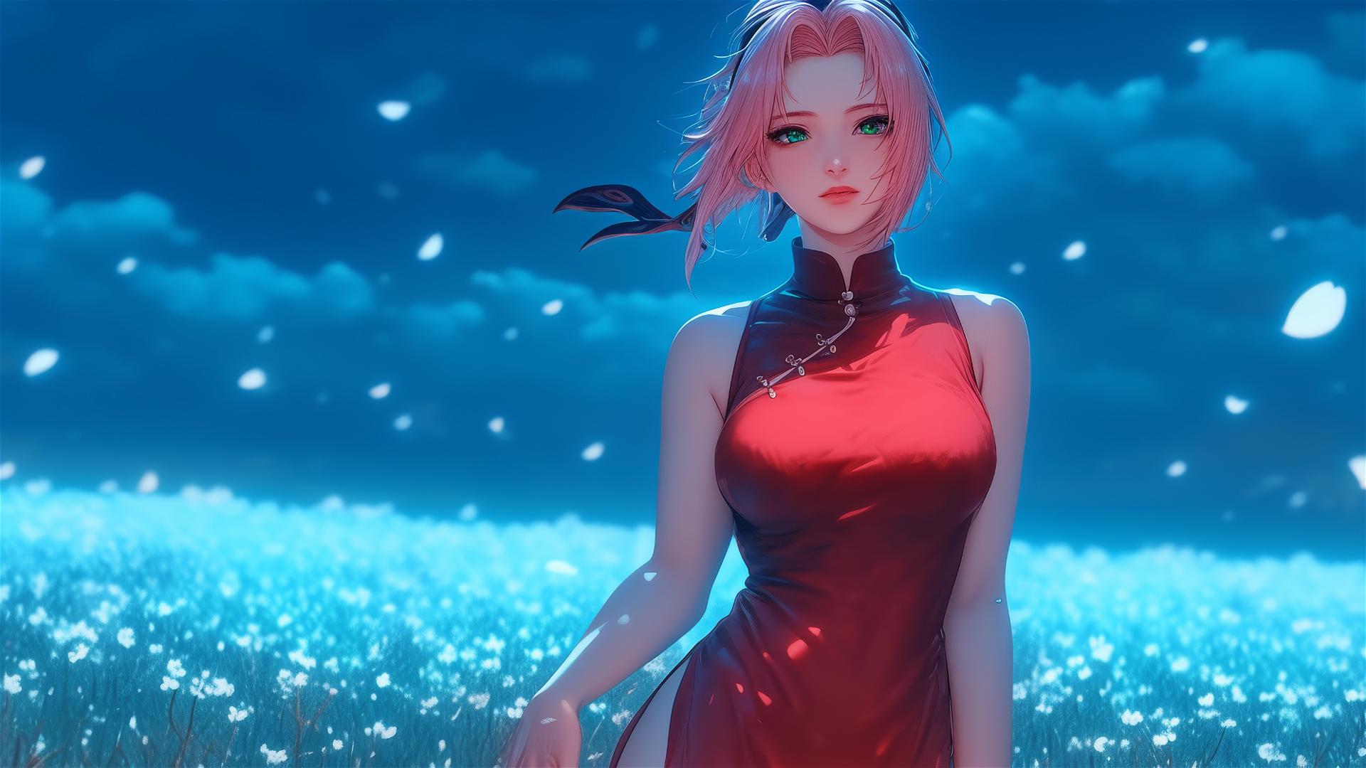 4k HD Wallpaper: Sakura Haruno in Moonlit Blooming Fields