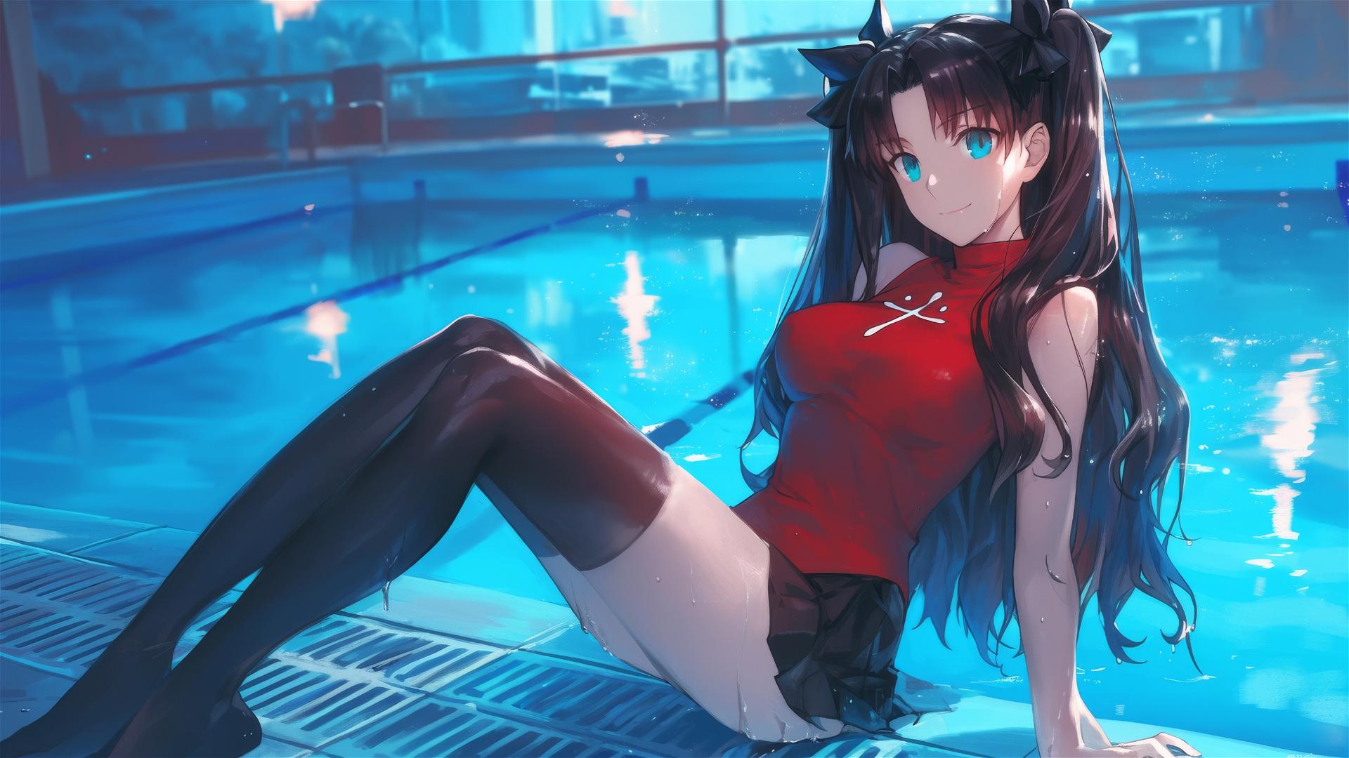 4k HD Wallpaper: Moonlit Serenity: Rin Tohsaka in the Pool