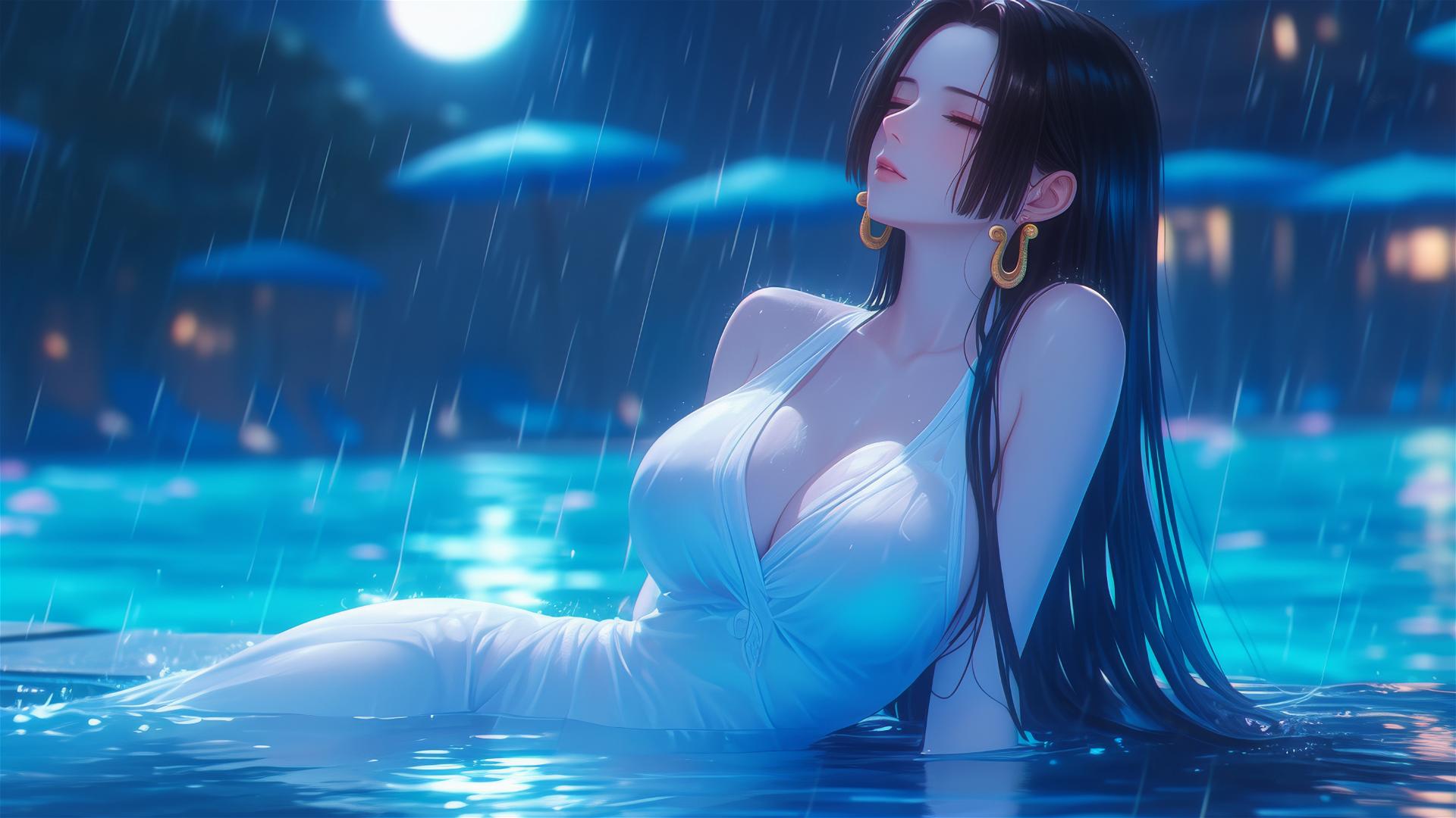 4k HD Wallpaper: Boa Hancock by Rainy Pool in Moonlight