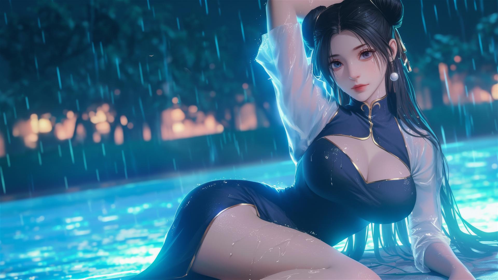 4k HD Wallpaper: Chun Li Resting by Rainy Pool Under Moonlight