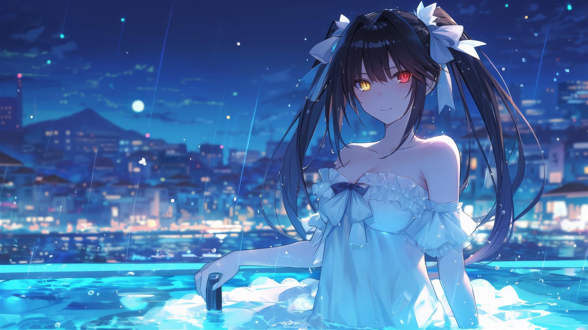 4k HD Wallpaper: Moonlit Kurumi Tokisaki in Rainy Serenity