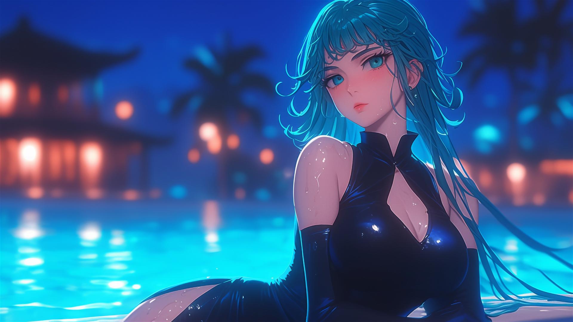 Fondo de Pantalla 4K HD: El Reposo de Tatsumaki en la Piscina a la Luz de  la Luna