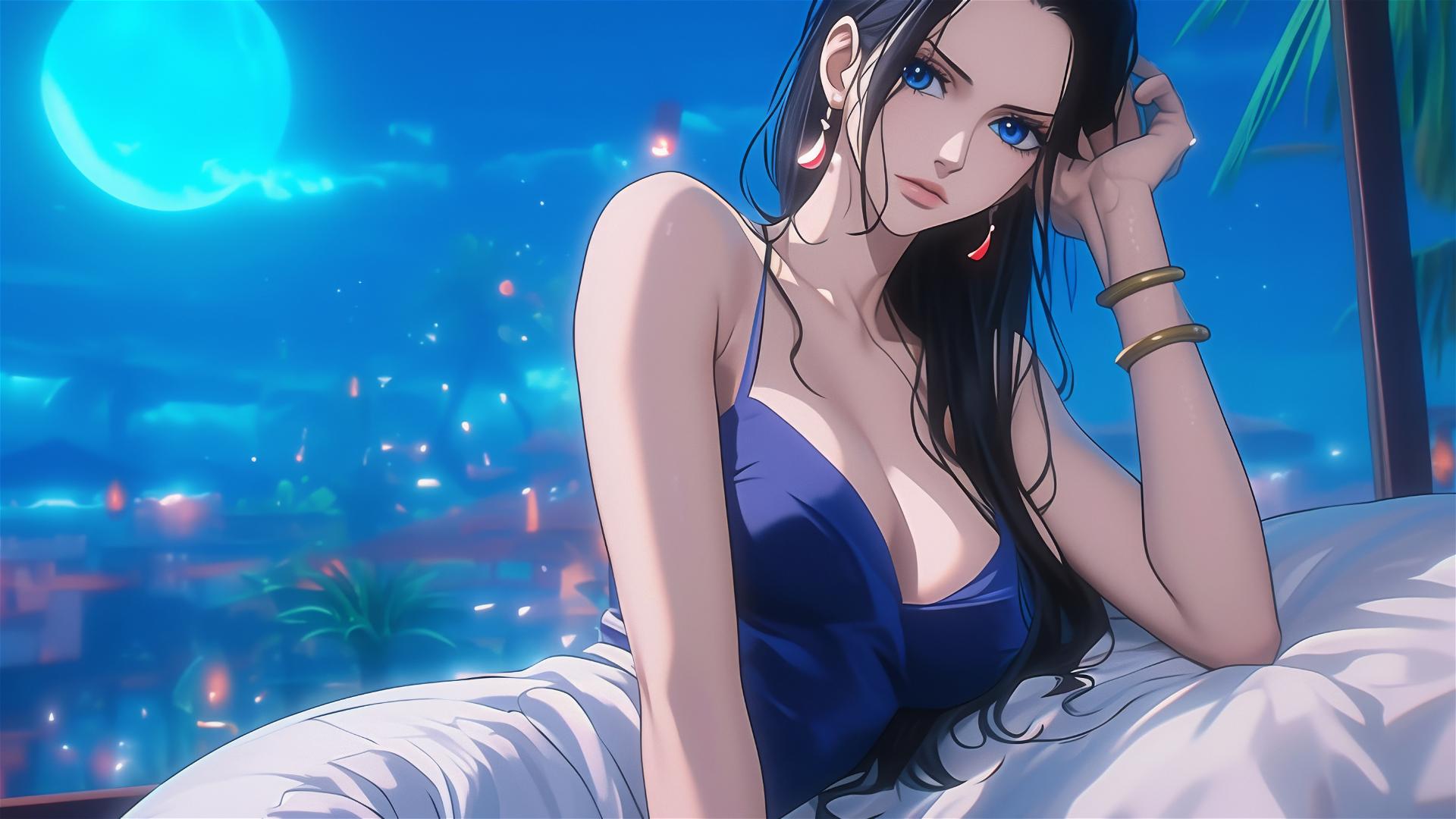 4k HD Wallpaper: Nico Robin in White Dress under Moonlight