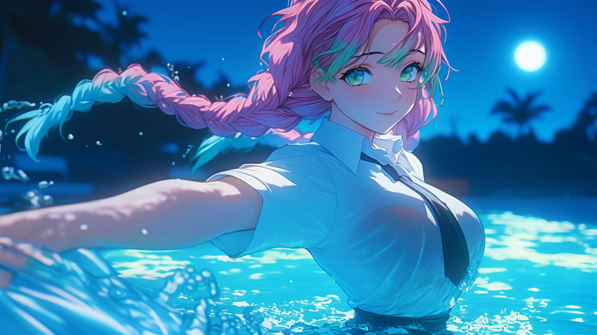 4k HD Wallpaper: Moonlit Pool Exit by Mitsuri Kanroji