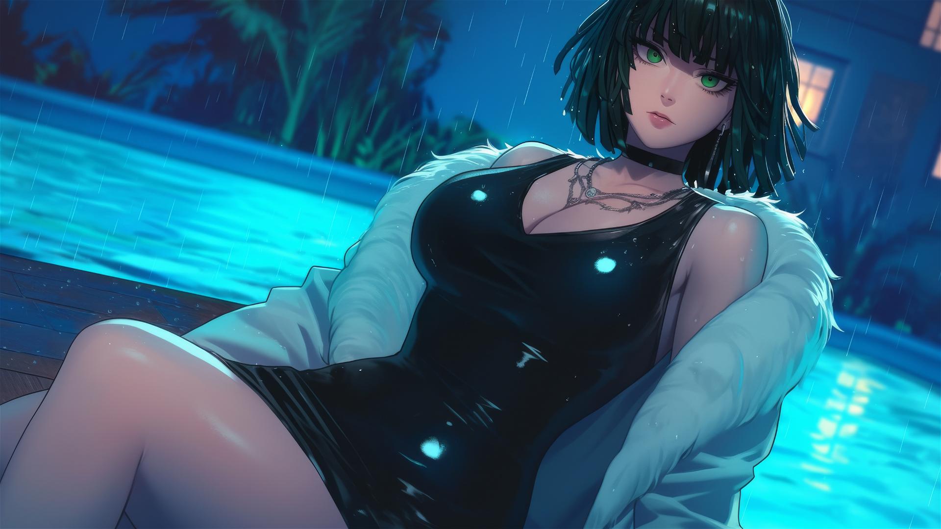 4k HD Wallpaper: Moonlit Poolside Rest with Fubuki