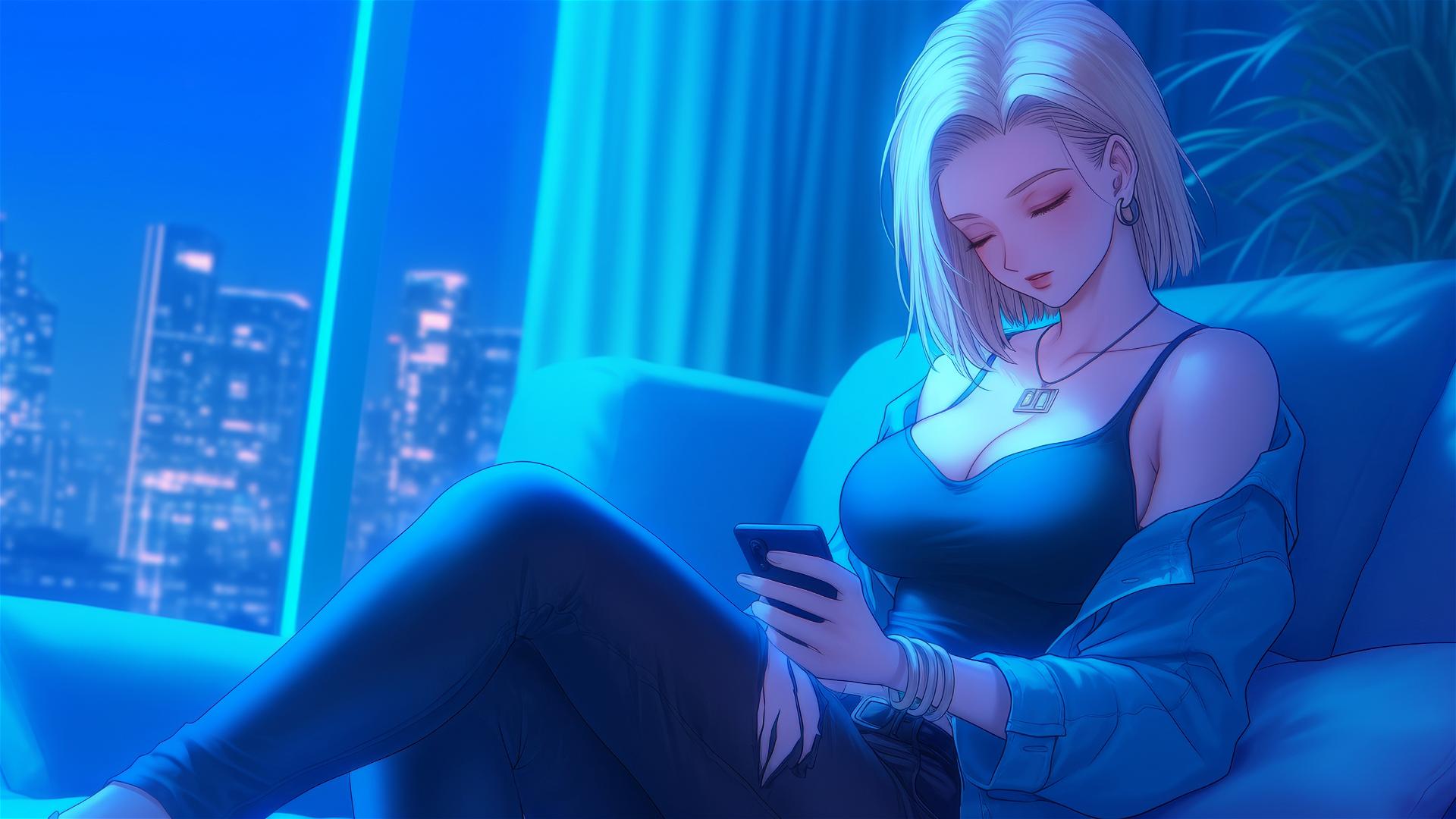 4k HD Wallpaper: Android 18 Resting in Moonlit Hotel Room