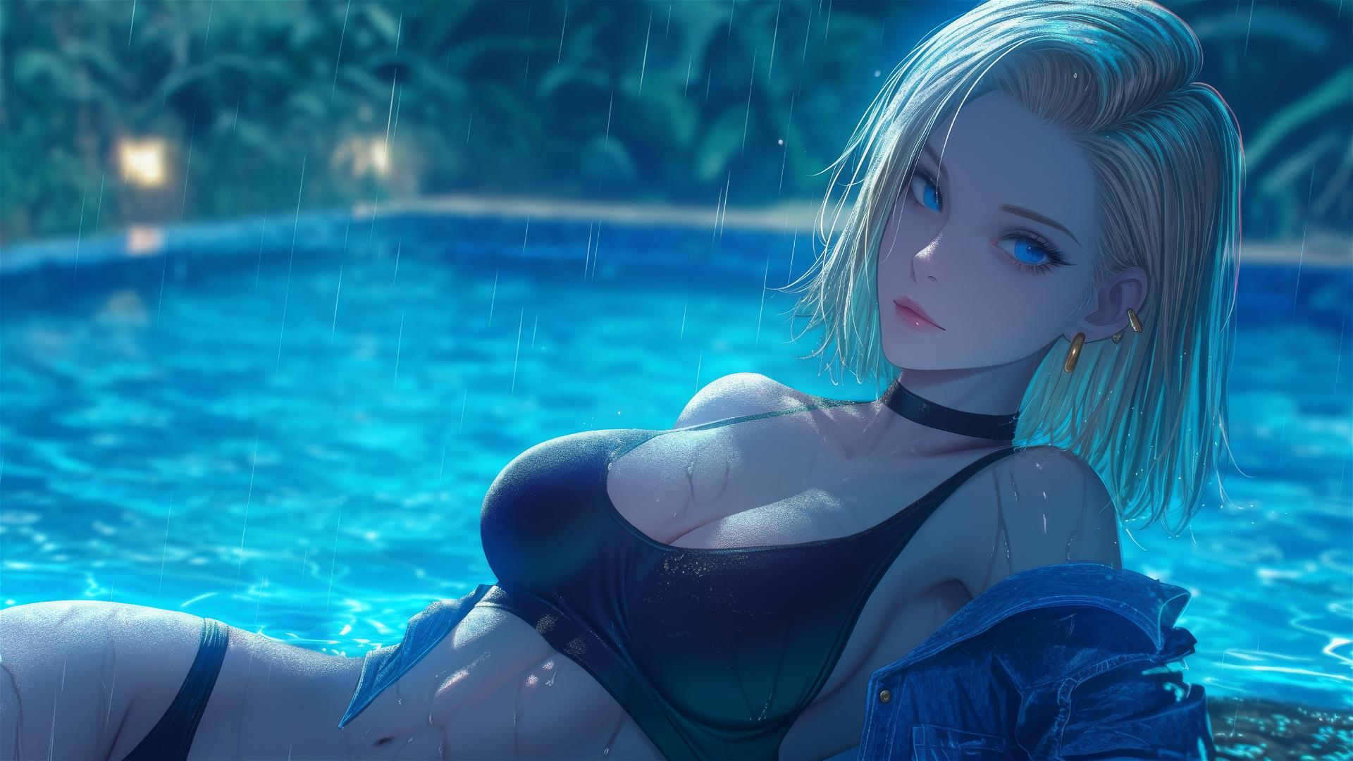 4k HD Wallpaper: Android 18 Relaxing by Rainy Pool